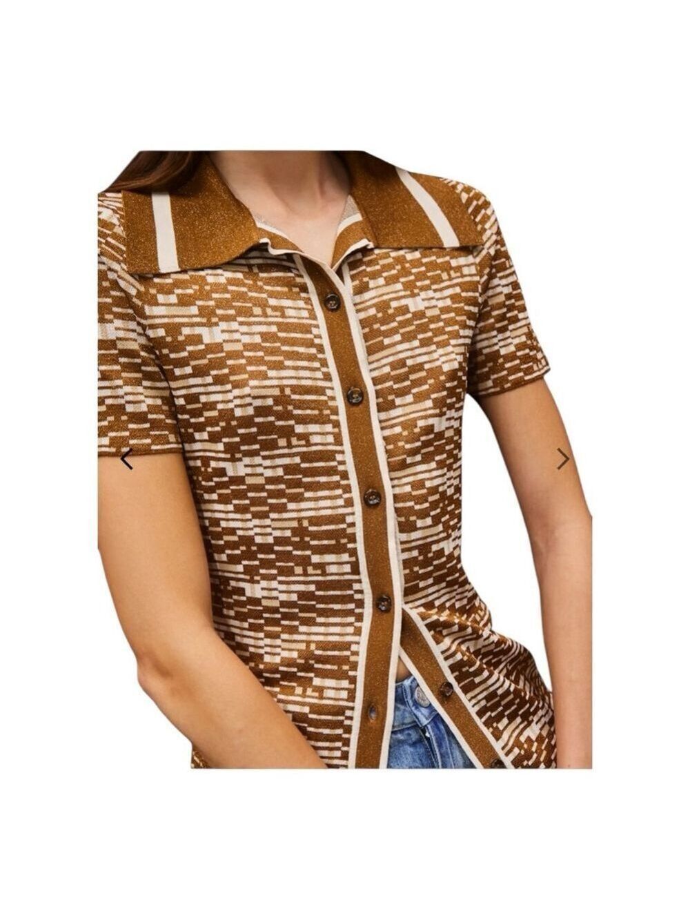 ALEMAIS Brown & White Stefanie Knit Button Down Shirt, Size 6 - Picture 5 of 14